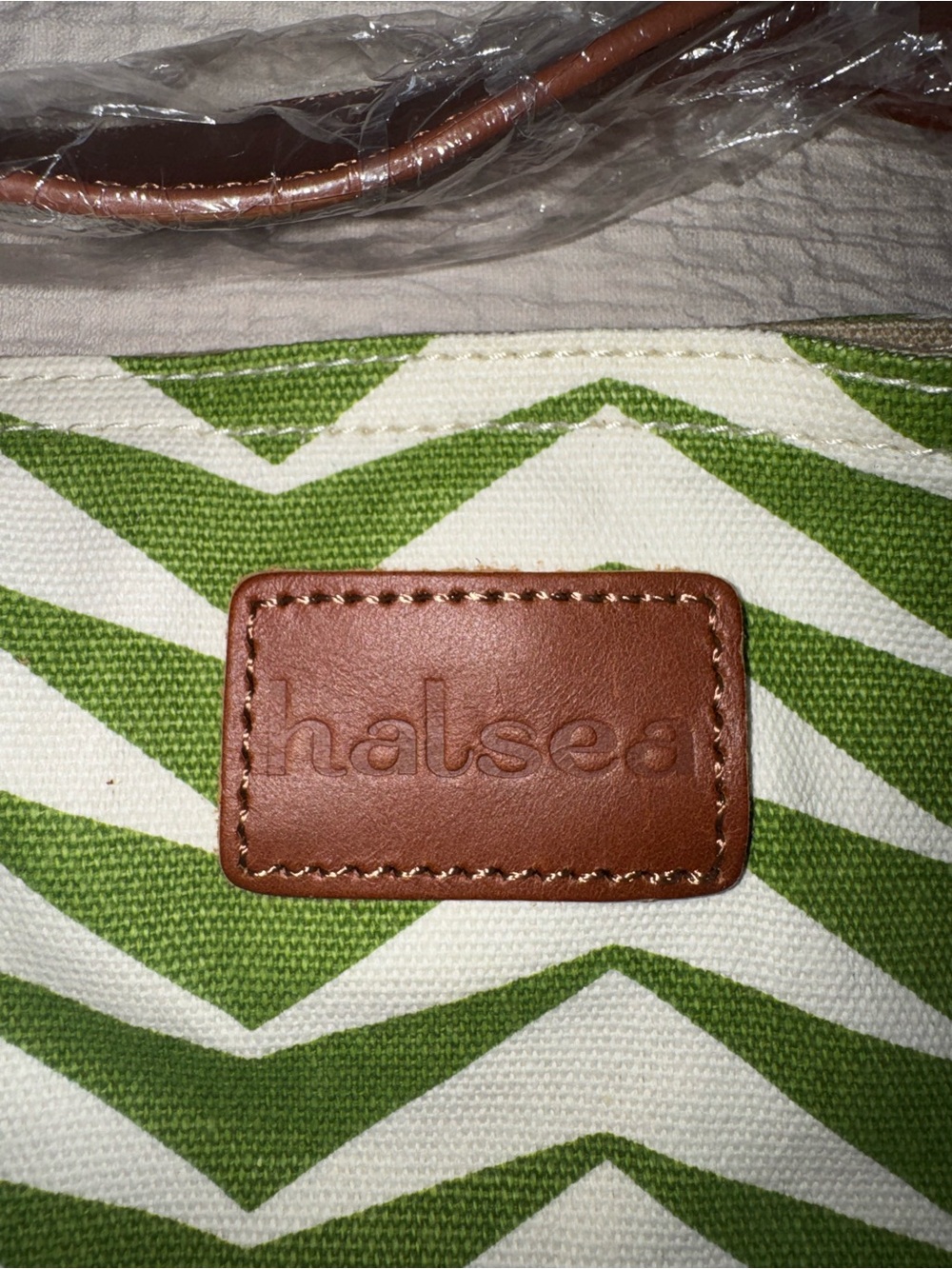 Halsea Green Chevron Tote Bag with Brown Leather Trim